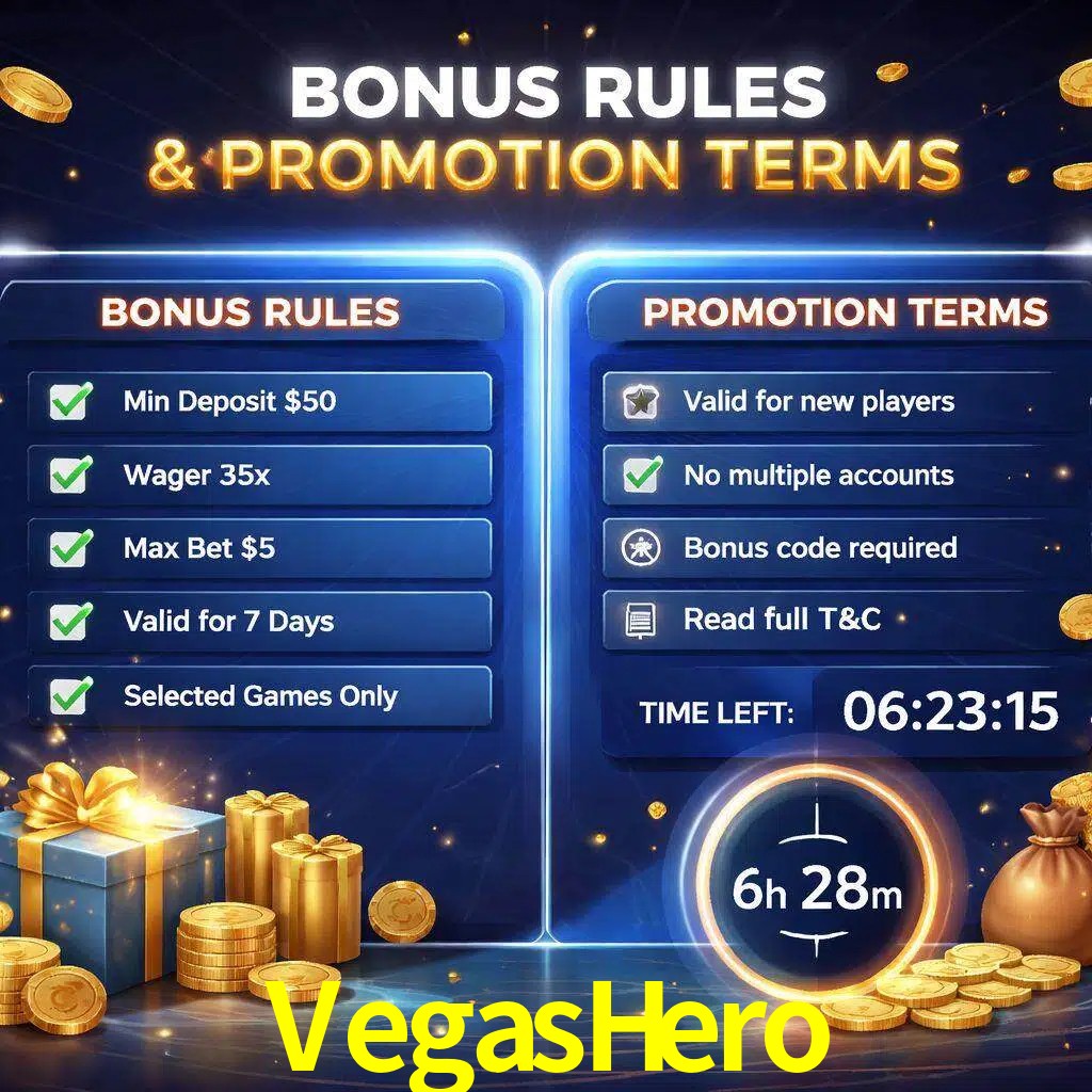 Reglas de promoción VegasHero y condiciones de bonos explicadas visualmente