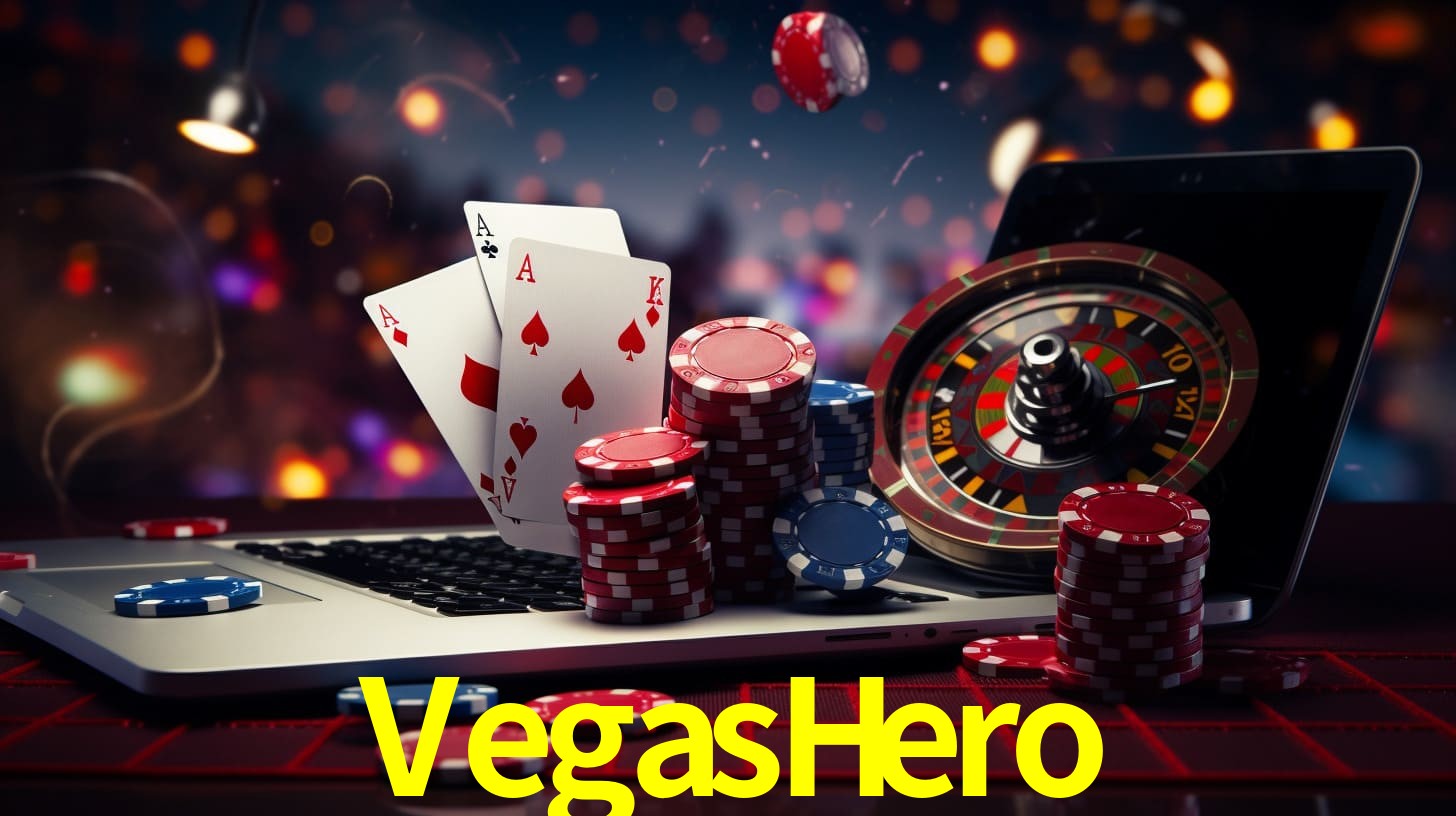 Una escena digital vívida inspirada en casino con VegasHero mostrado prominentemente, luces brillantes, fichas, cartas y acentos dorados.