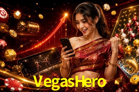 Escena dinámica inspirada en casino con iluminación VegasHero, cartas, fichas e íconos de juegos digitales en un espacio moderno de juegos.