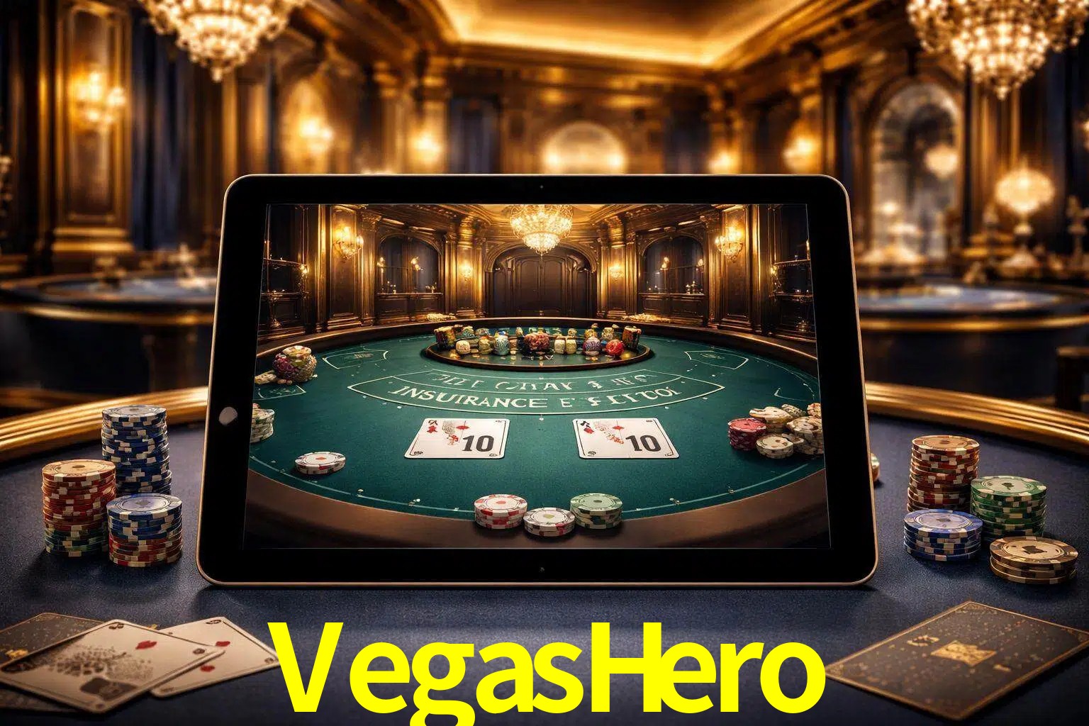 Configuración moderna de casino en vivo con una tableta mostrando una mesa de blackjack, luces cálidas de estudio y una atmósfera elegante de juegos digitales.