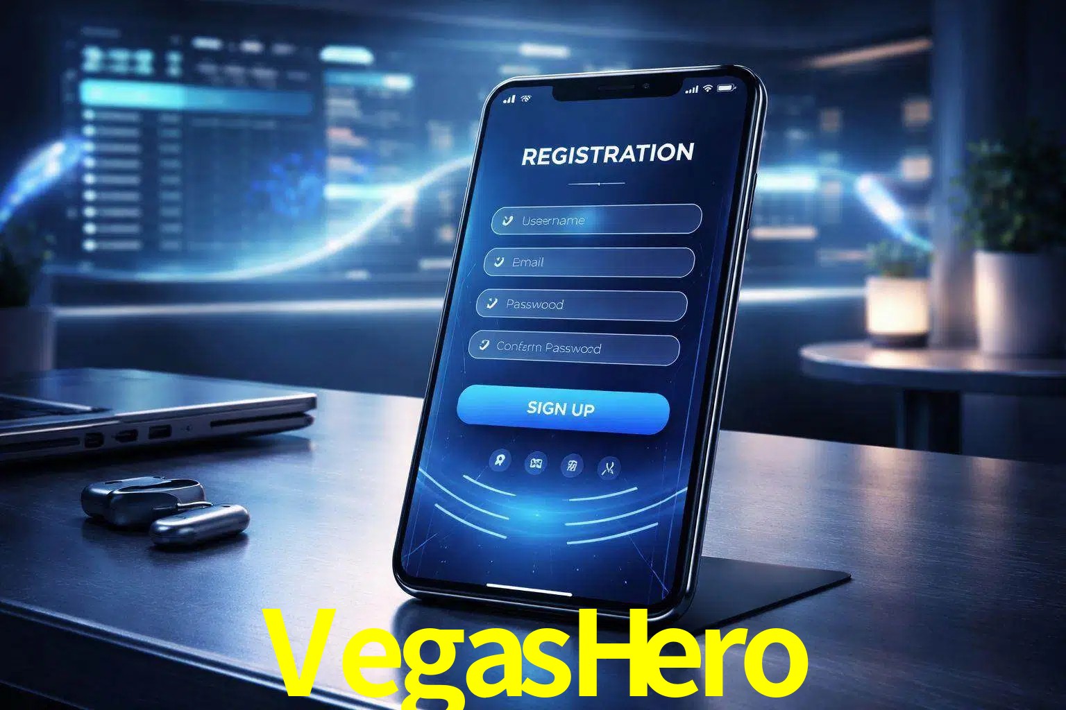 Una interfaz moderna de registro móvil para VegasHero mostrada en un smartphone con un panel de apuestas elegante.